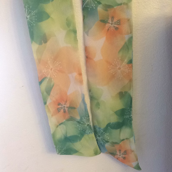Floral Chiffon Green Orange Purse Scarf Accessory Slim Thin Springtime Neck Tie - Picture 5 of 5